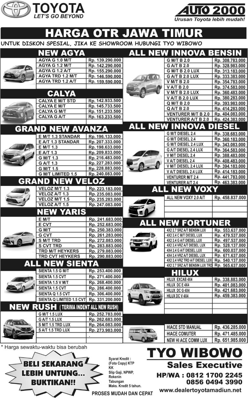 PRICE LIST TOYOTA JANUARI 2018